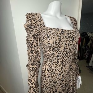 Zara Animal Print Square Neckline Puff Sleeves Midi Dress size L